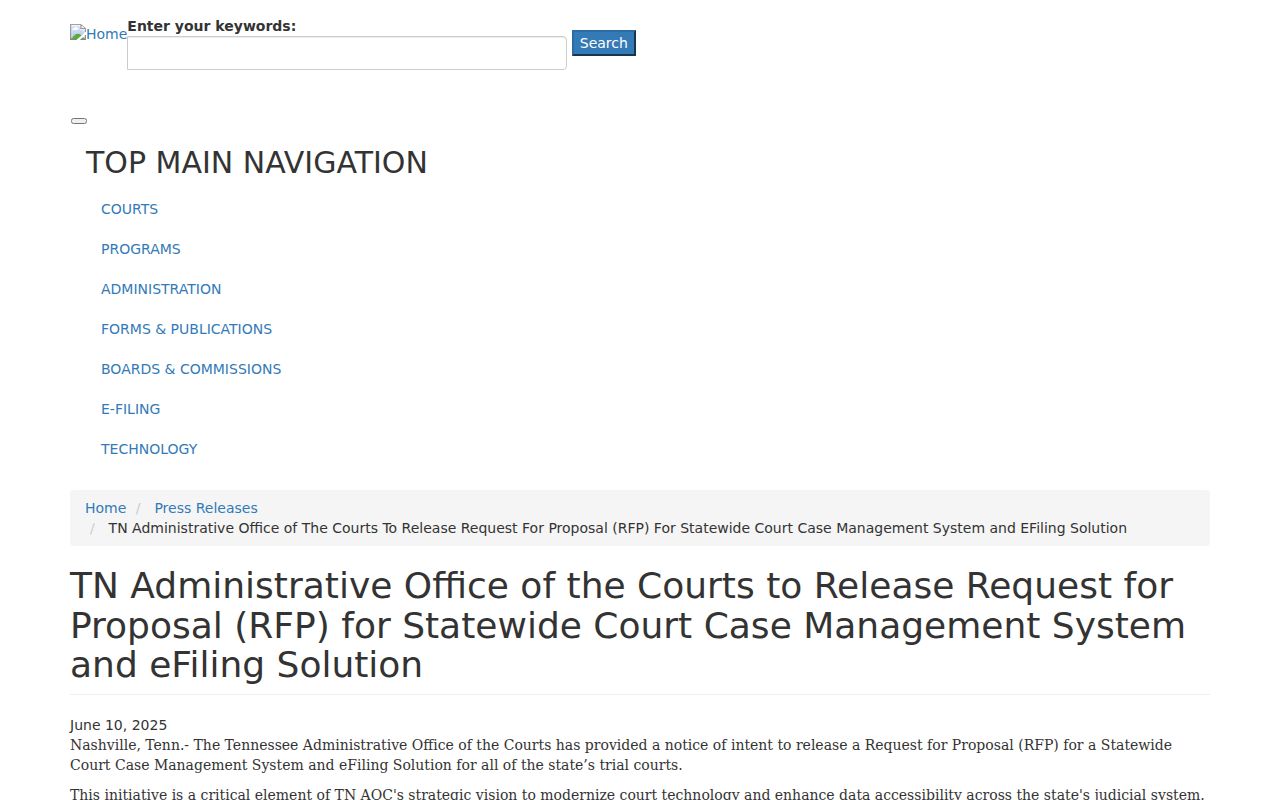Tennessee AOC announcement about a statewide court case system