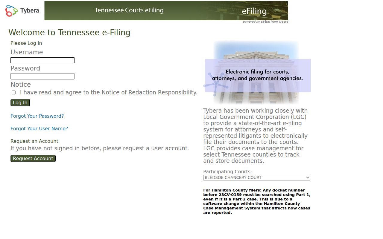 Tybera eFlex Tennessee login used for Bledsoe Chancery filing