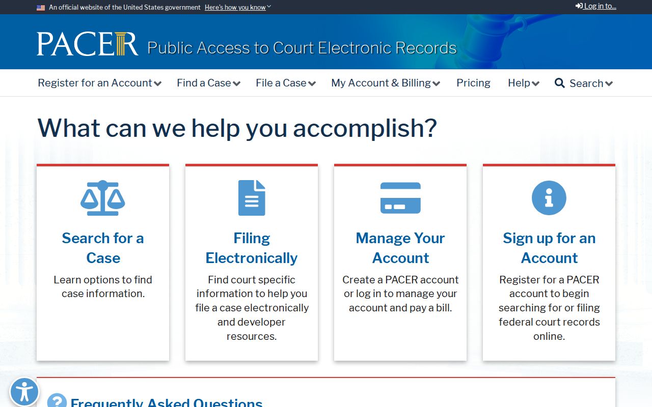 PACER federal court records access home page