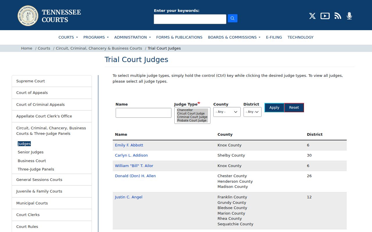 Tennessee directory for judges serving Bledsoe County criminal courts