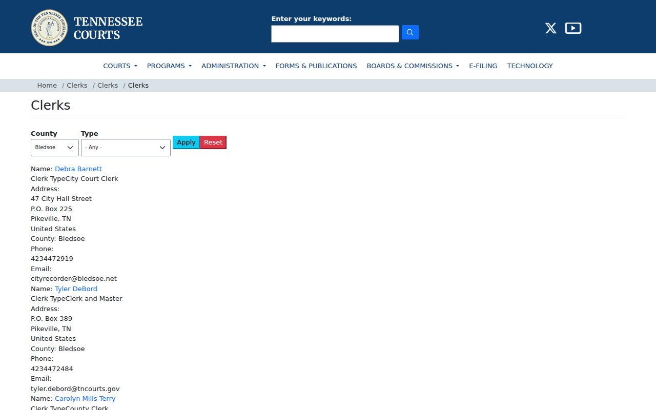 Tennessee AOC directory for Bledsoe County court clerks
