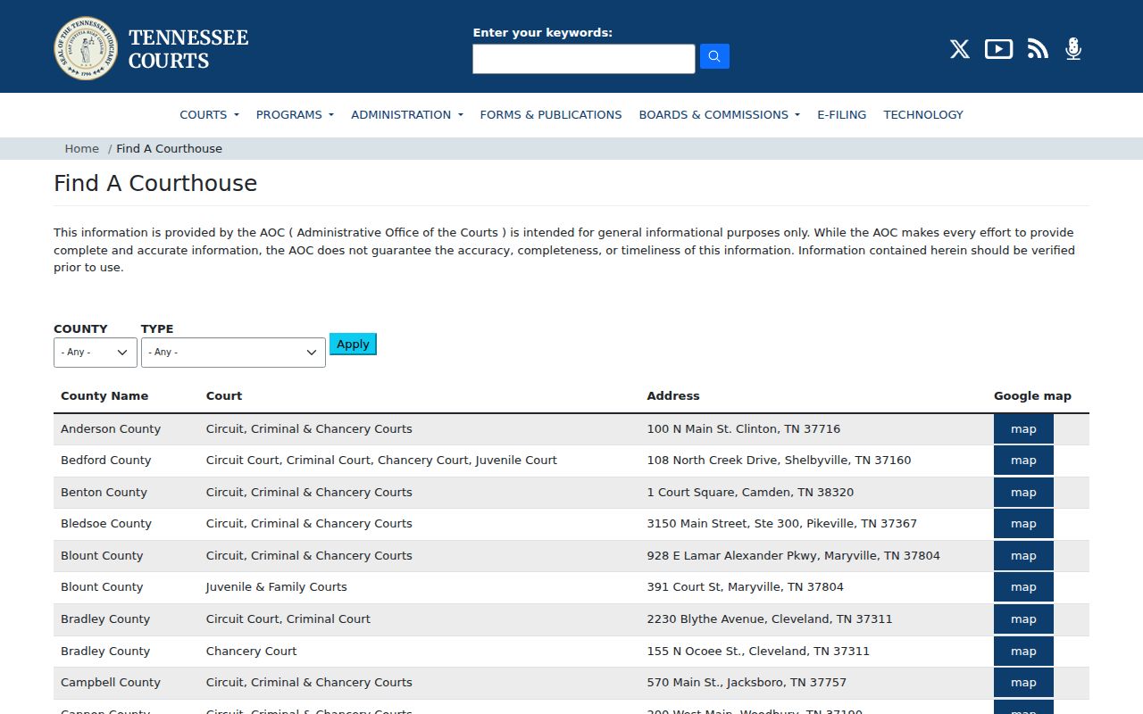 Tennessee courthouse directory entry for Bledsoe County courts